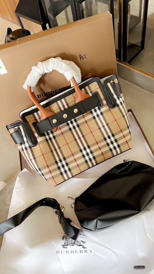 RUB BUR Black Beige Check Colour Premium Leather Quality Tote Bag With Box 96015