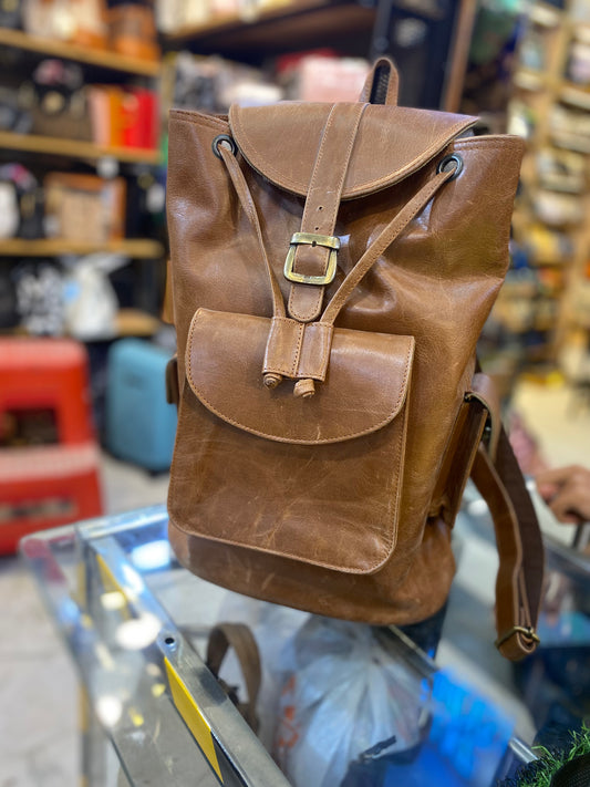 Tan Brown Colour With Plain Design Genuine Leather Premium Quality Backpack 44403