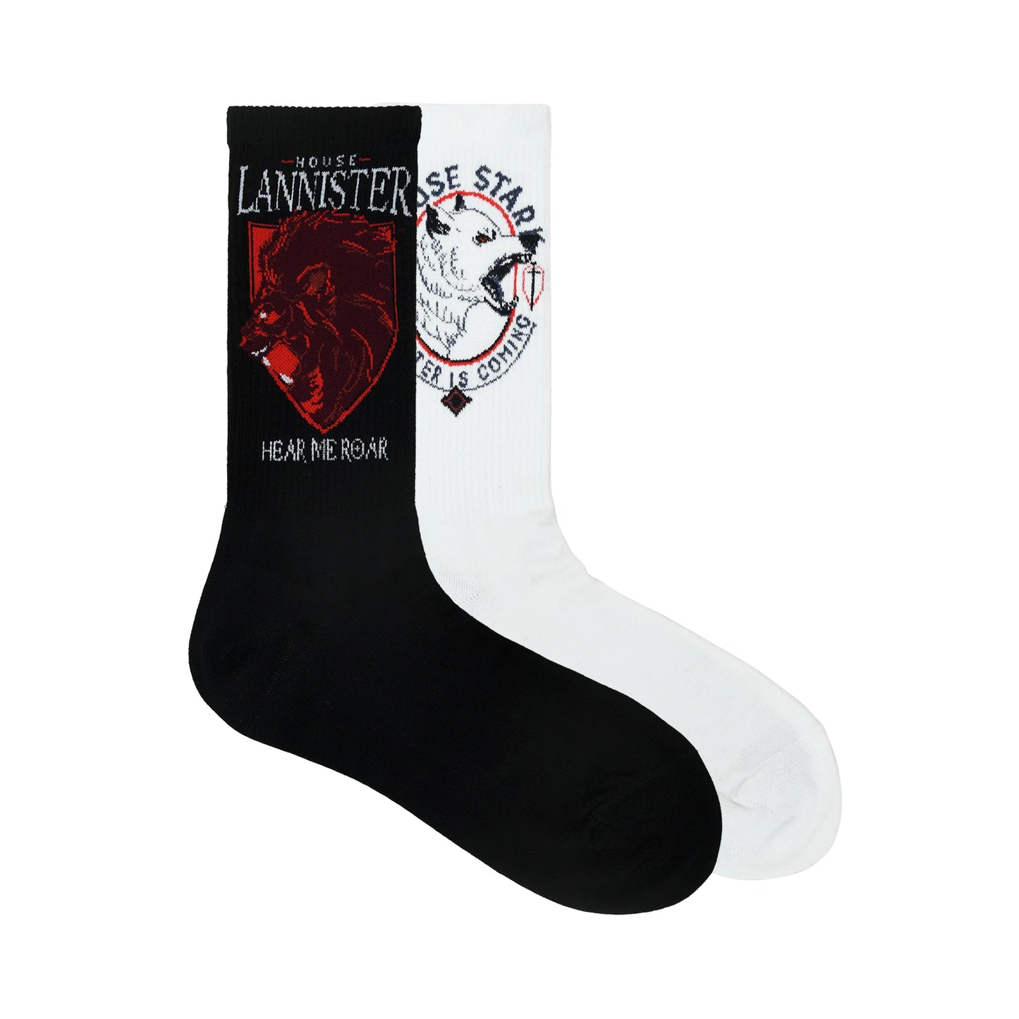 BALENZIA X GAME OF THRONES HOUSE LANNISTER SIGIL & HOUSE OF STARK CREW LENGTH RIB SOCKS FOR MEN (FREE SIZE)(PACK OF 2 PAIRS/1U)WHITE & BLACK Your Cart Subtotal