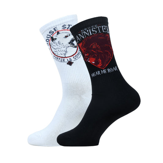 BALENZIA X GAME OF THRONES HOUSE LANNISTER SIGIL & HOUSE OF STARK CREW LENGTH RIB SOCKS FOR MEN (FREE SIZE)(PACK OF 2 PAIRS/1U)WHITE & BLACK Your Cart Subtotal