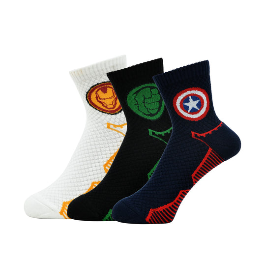 BALENZIA X MARVEL IRON MAN,CAPTAIN AMERICA & HULK LOGO HIGH ANKLE HALF CUSHIONED SPORTS SOCKS FOR MEN-(PACK OF 3 PAIRS/1U)(FREE SIZE)WHITE,GREEN,NAVY Your Cart Subtotal