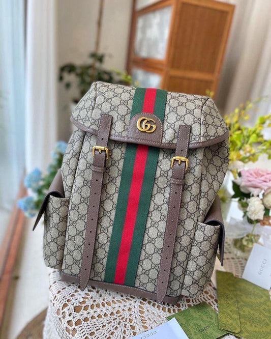 Cug Brown Colour Gg Print Green Red Strip Unisex Backpack 43267