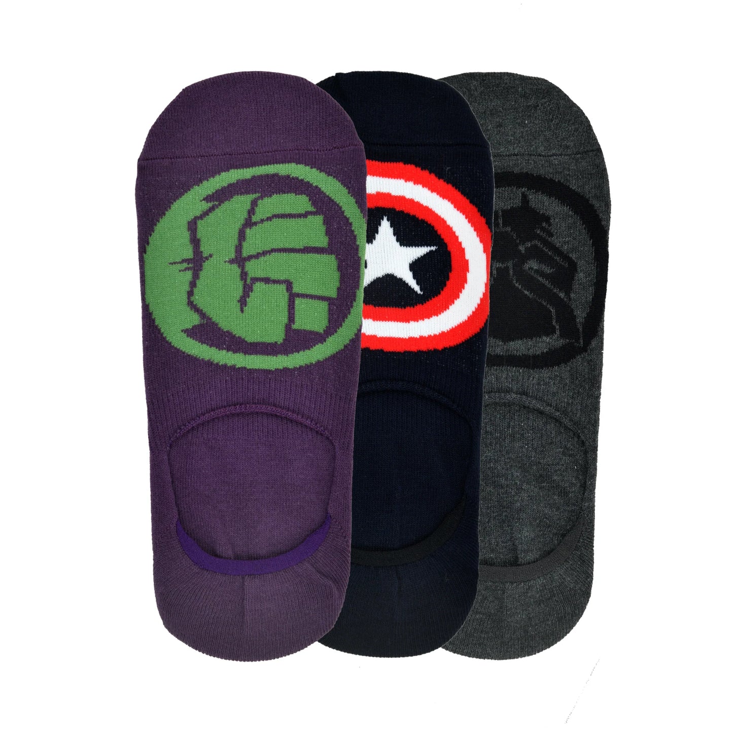 BALENZIA X MARVEL BLACK PANTHER,CAPTAIN AMERICA & HULK LOGO LOAFER/INVISIBLE SOCKS FOR MEN-(PACK OF 3 PAIRS/1U)(FREE SIZE)GREY,NAVY,PURPLE