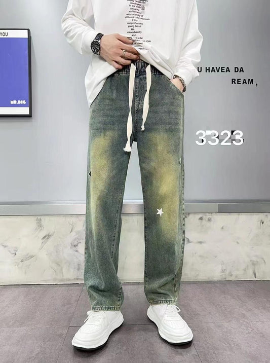 Machenshi Blue Green Wash Colour With Front Star Print Premium Quality Korean Style Denim Jeans 3323