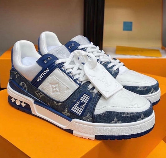 VL LOU UOL Blue White Colour with Monogrammed Design Trainer Sneaker Shoes 987685