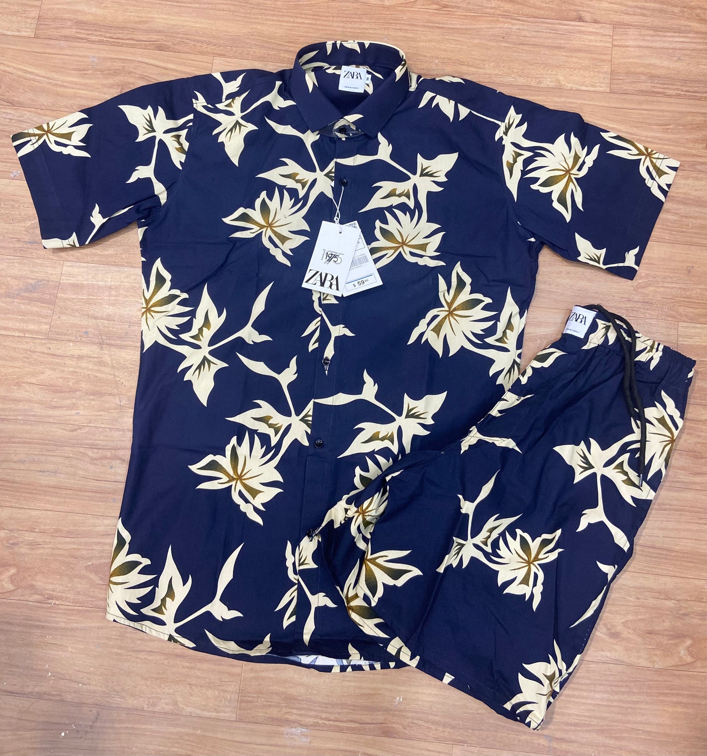 RAZ Navy Blue Colour Yellow Flower Print imported Half Sleeve Shirt with Shorts Coord Set 77759