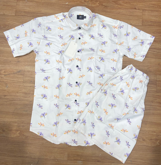 MH White Colour Butterfly Print imported Half Sleeve Shirt with Shorts Coord Set 77762