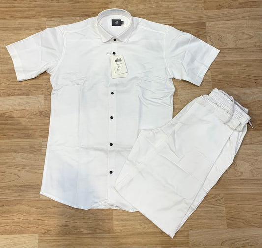 MH White Colour Half Sleeve Shirt with Lower Imported Plain Coord Set 7710