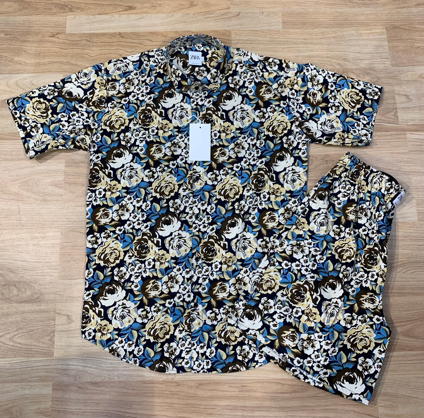RAZ Blue Brown Flower Printed imported Half Sleeve Shirt with Shorts Coord Set 77751
