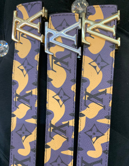 Vl UOL Purple Yellow Colour Monogram Print Premium Quality Metal Buckle Men’s Belt 112300