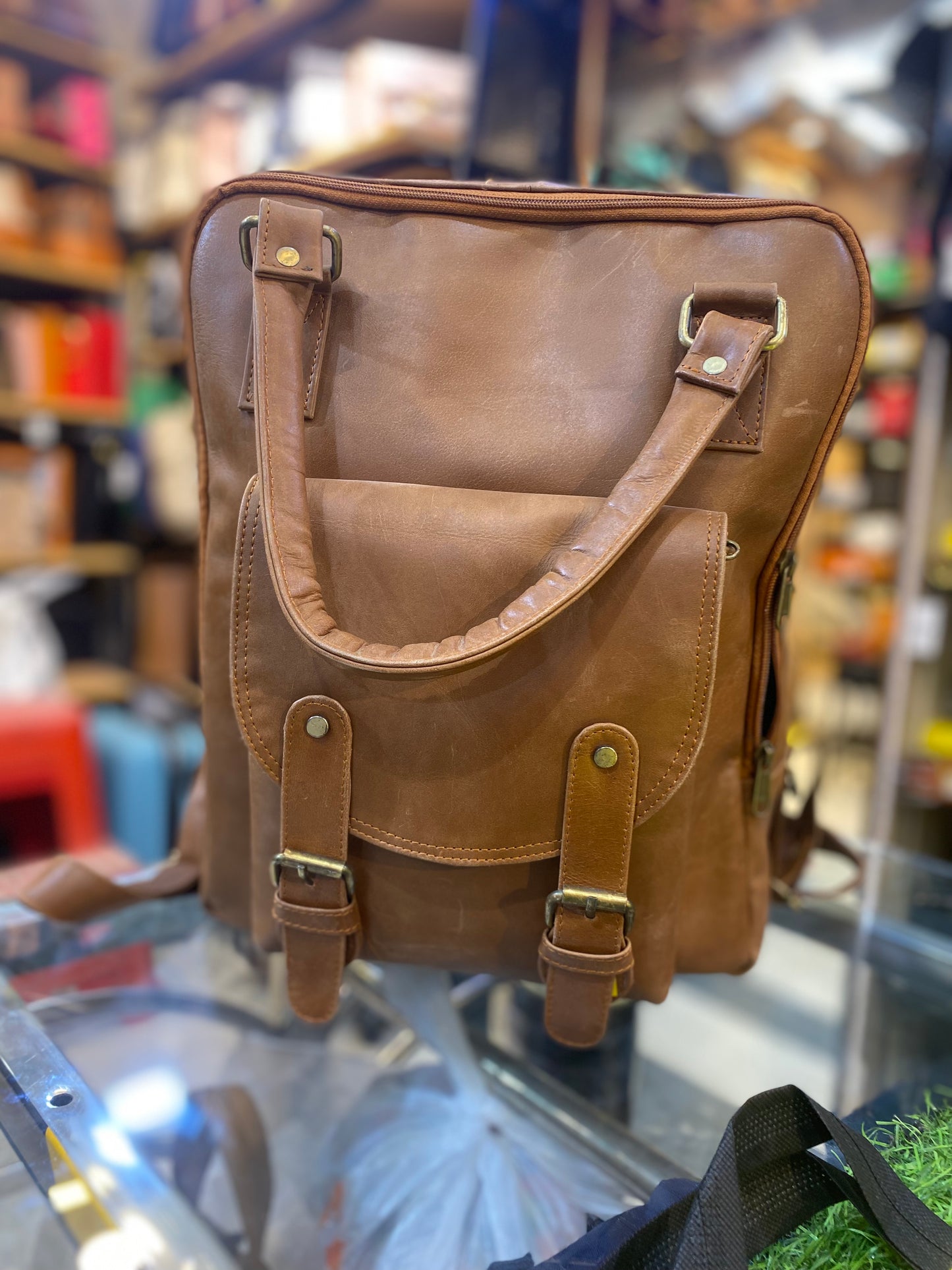 Tan Colour With Plain Design Genuine Leather Premium Quality Backpack 44406