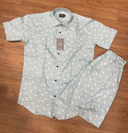 MH Sky Blue Bird Print imported Half Sleeve Shirt with Shorts Coord Set 77756
