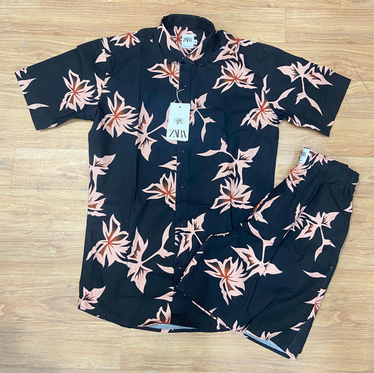 RAZ Black Colour Peach Flower Print imported Half Sleeve Shirt with Shorts Coord Set 77758