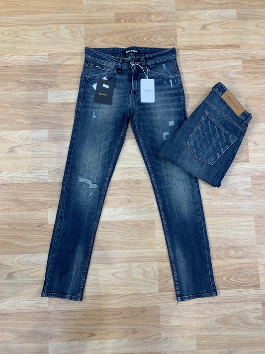 LAP Dusk Blue Colour With Back Pocket Print Rough Slim Fit Jeans 86854