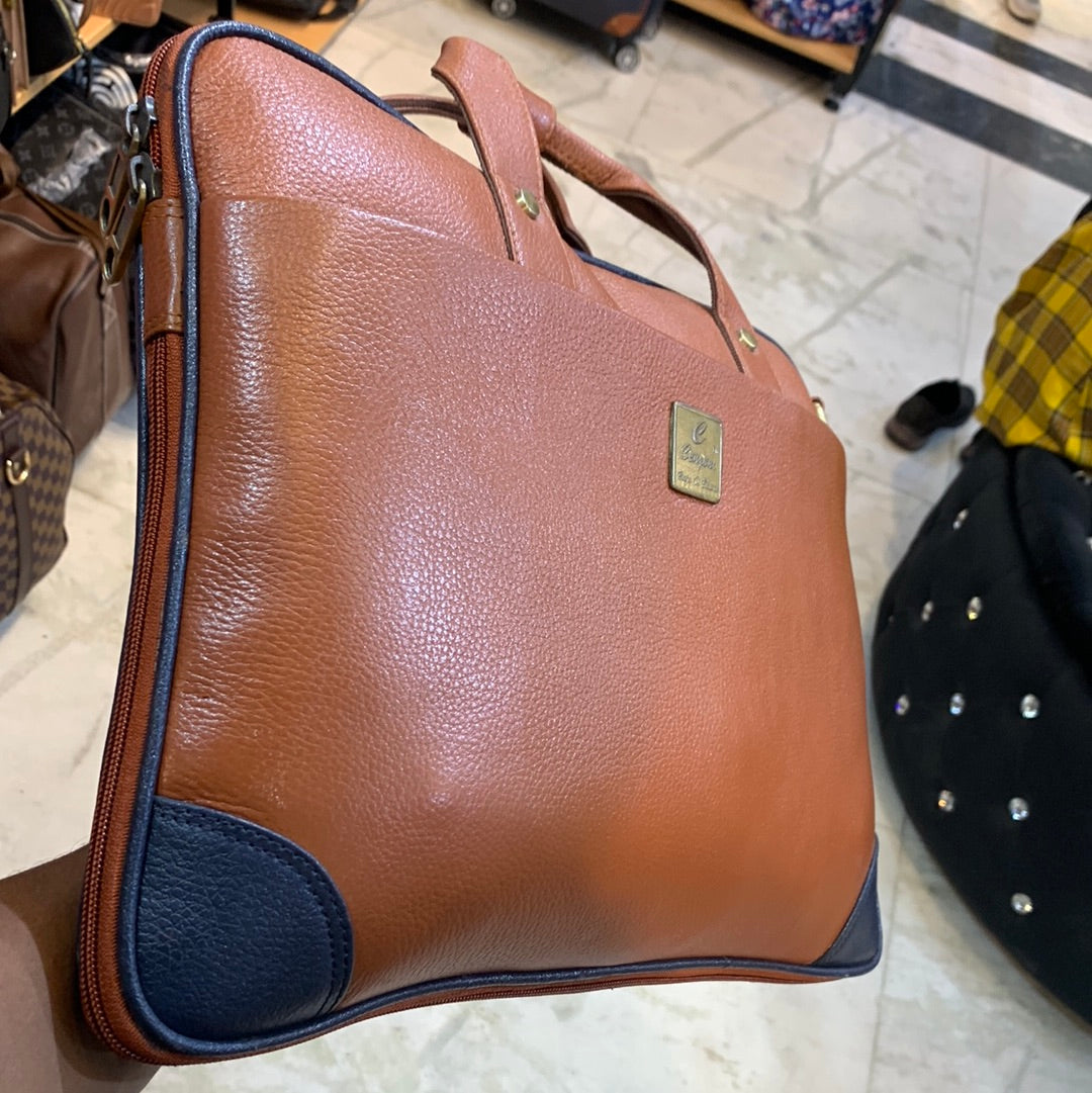 Tan Colour Double Zipper Genuine Leather Laptop Bag 4209