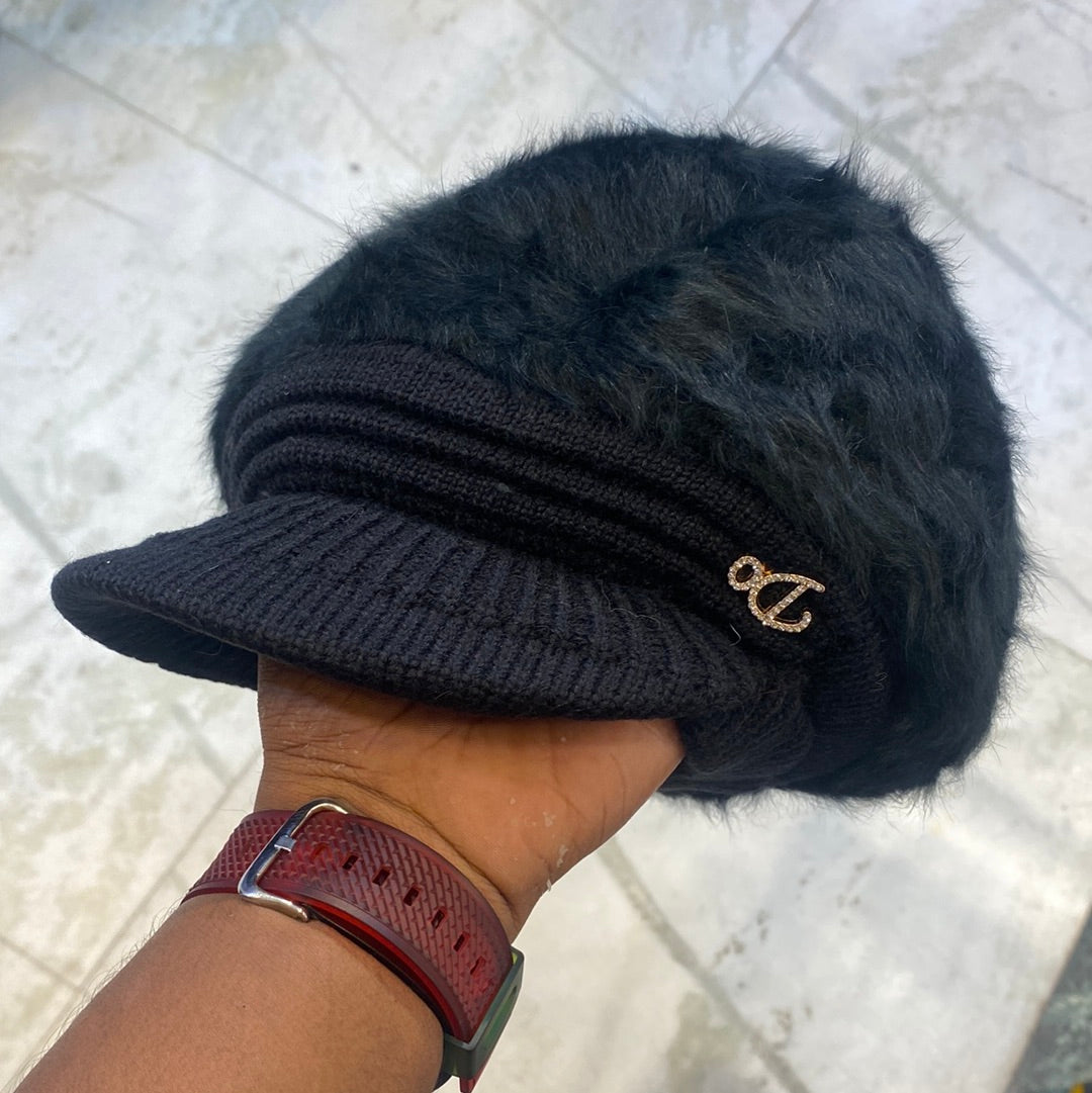 Black Colour DO Wool Women's Fashion Hat Plush Knitted Wind Shield Ear Guard Solid Color Atmosphere Simple Autumn and Winter Warm Hat DO Cap 9356