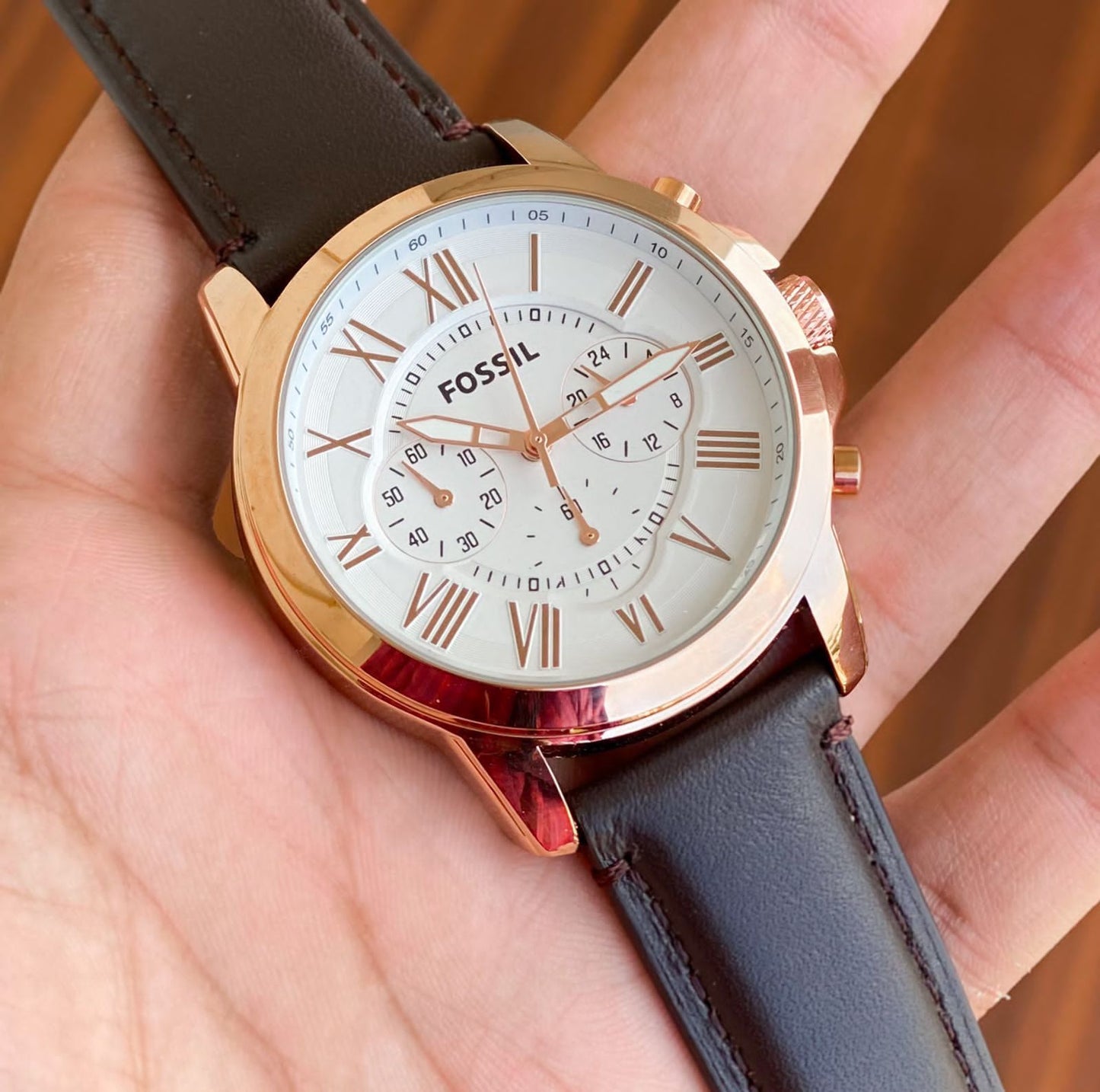 Brown Strap Copper Chrono Men Watch Formal White Dial Casual Leather 400692