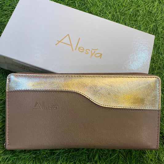 Alesya Gold + Beige Ladies Genuine Leather Clutch Zipper Ladies Wallet Art 105