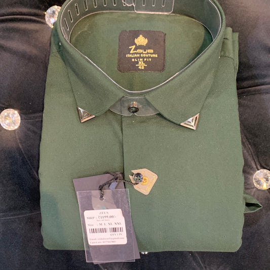 Zeus UEZ Olive Green Colour Plain Cotton Full Sleeve Italian Couture Slim Fit Shirt