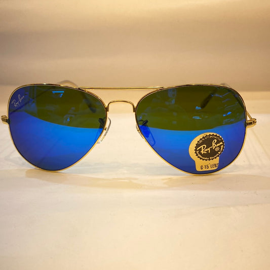 YAR RB Glossy Gold Frame Dark Blue Shade Unisex Aviator Sunglasses RB3026 62 14 138