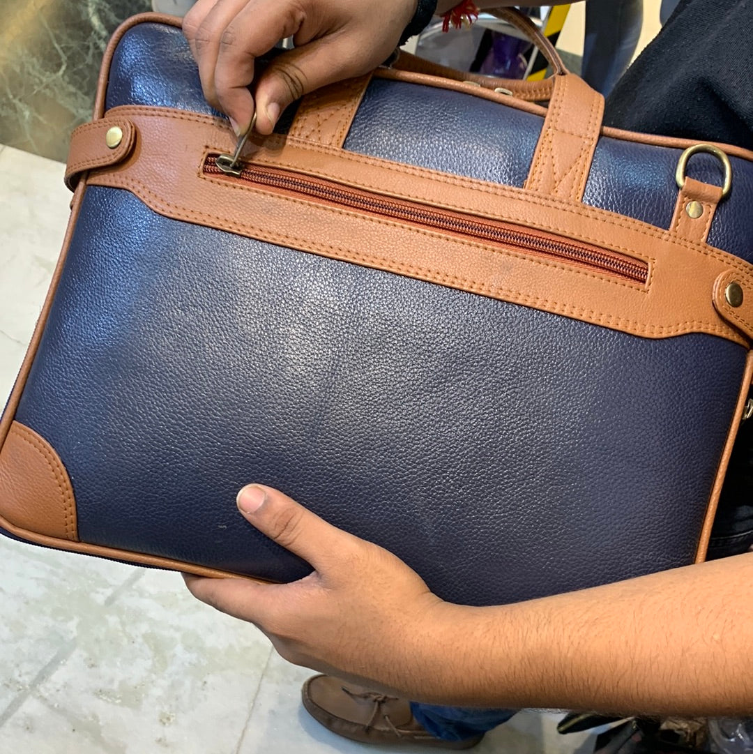 Navy Blue Brown Colour Double Zipper Genuine Leather Laptop Bag 4215