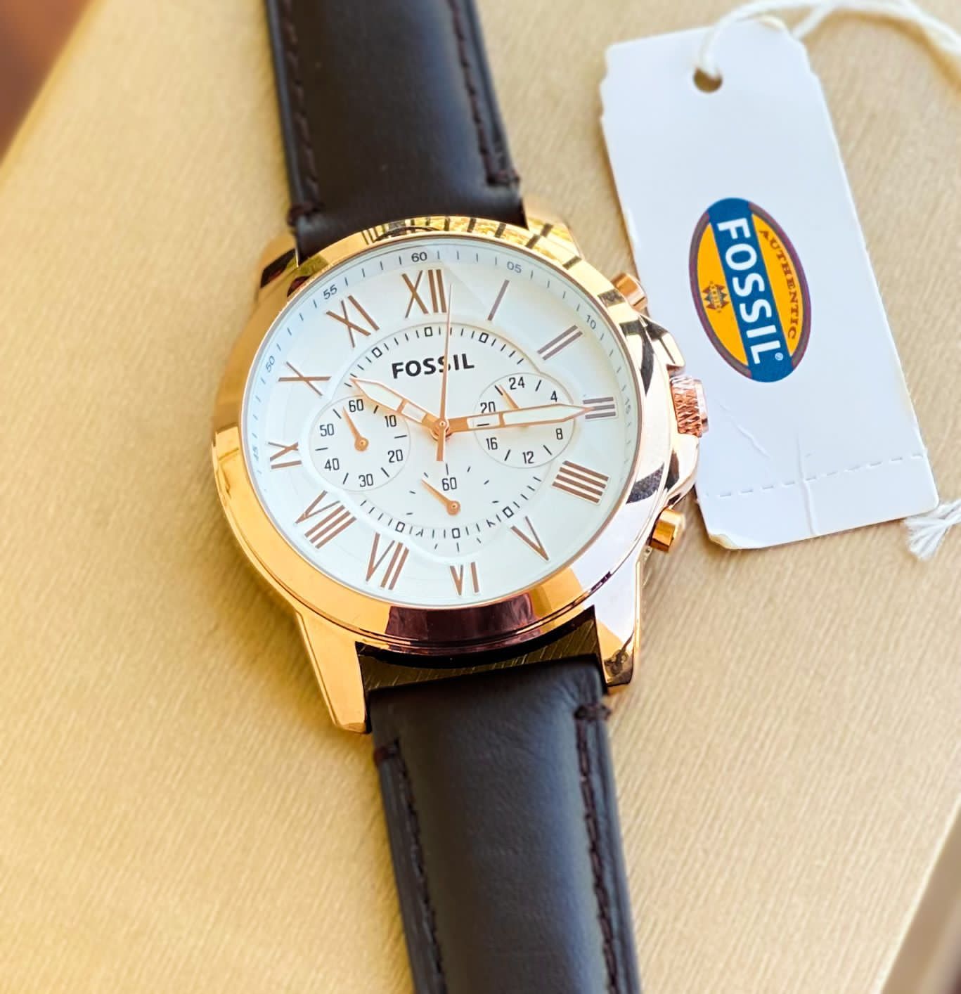 Brown Strap Copper Chrono Men Watch Formal White Dial Casual Leather 400692