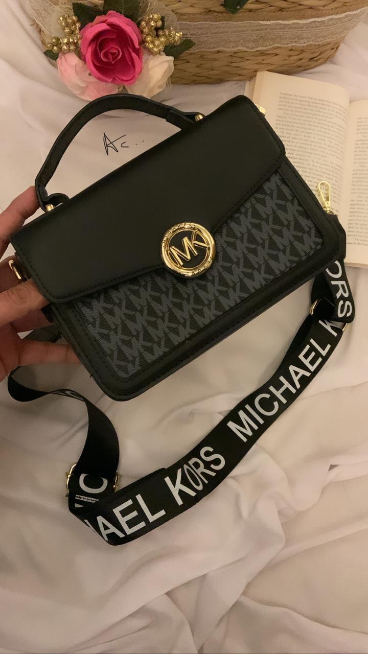 KM CIM Black Colour With Monogram Flap Lock Ladies Hand Bag 886601