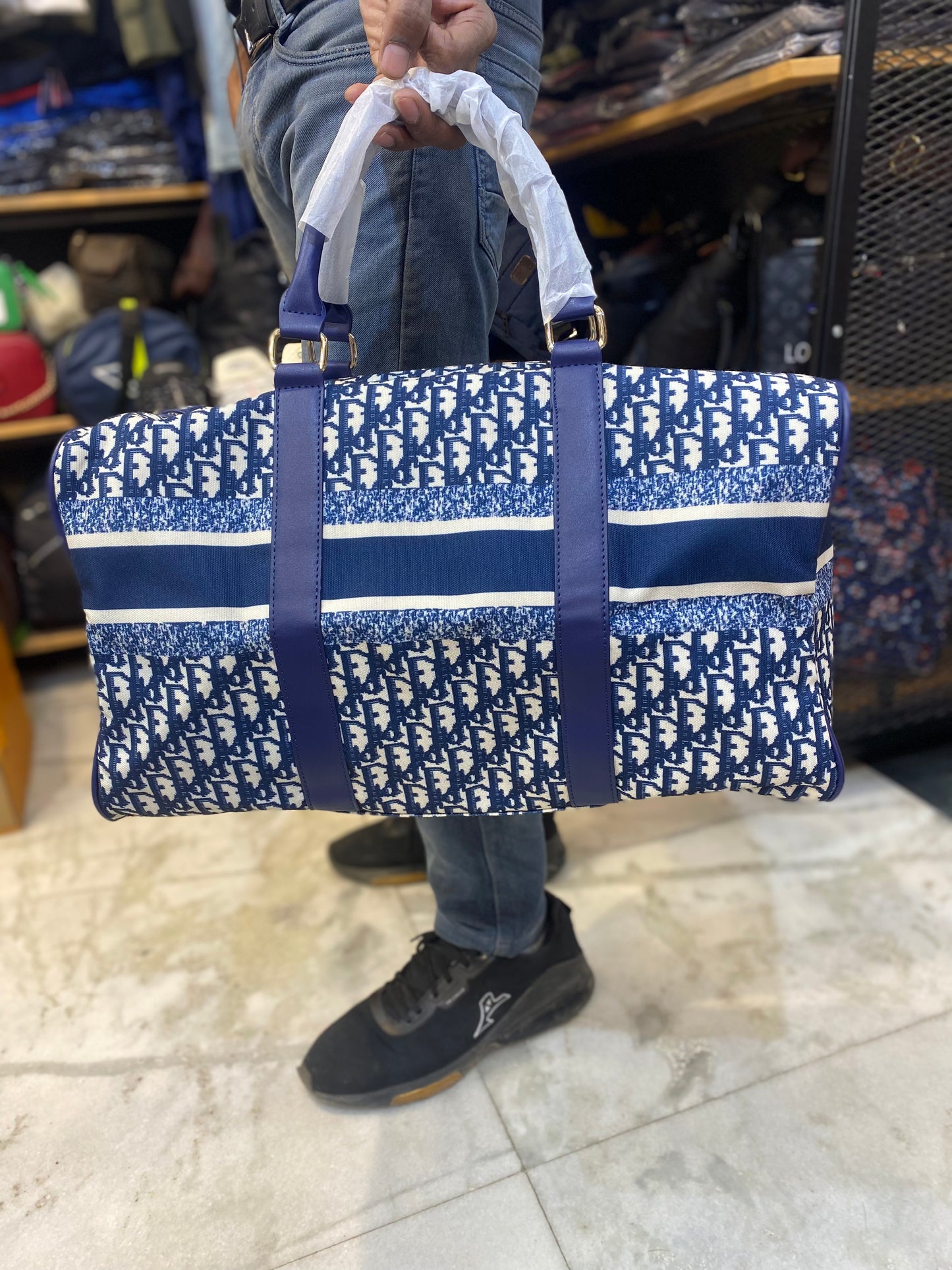 OID Navy Blue Cream Colour With Monogram Design Premium Quality Duffle Bag
