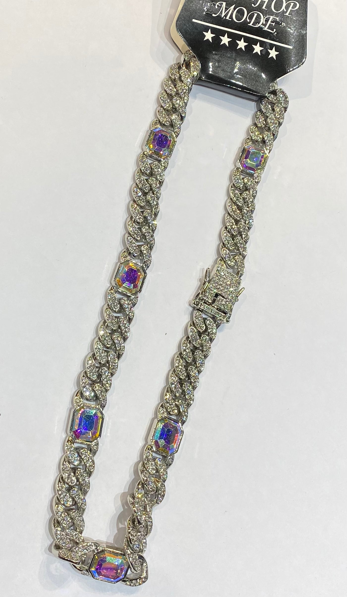 Sliver Colour With Multi Colour Diamond Studded Cuban Chain Necklaces 75097
