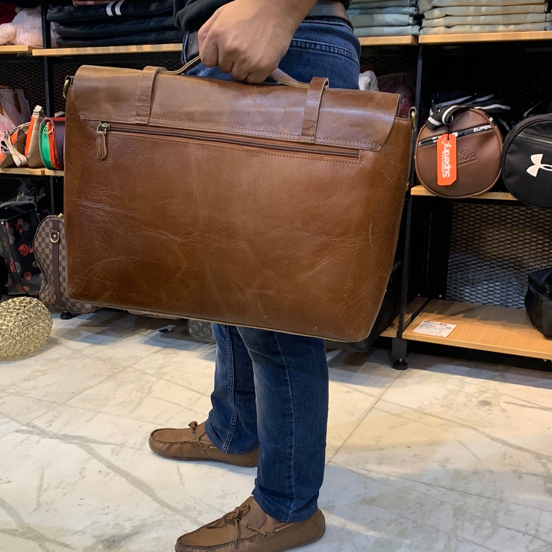 Brown Colour Genuine Leather Heavy Quality Flap Laptop Bag 4219