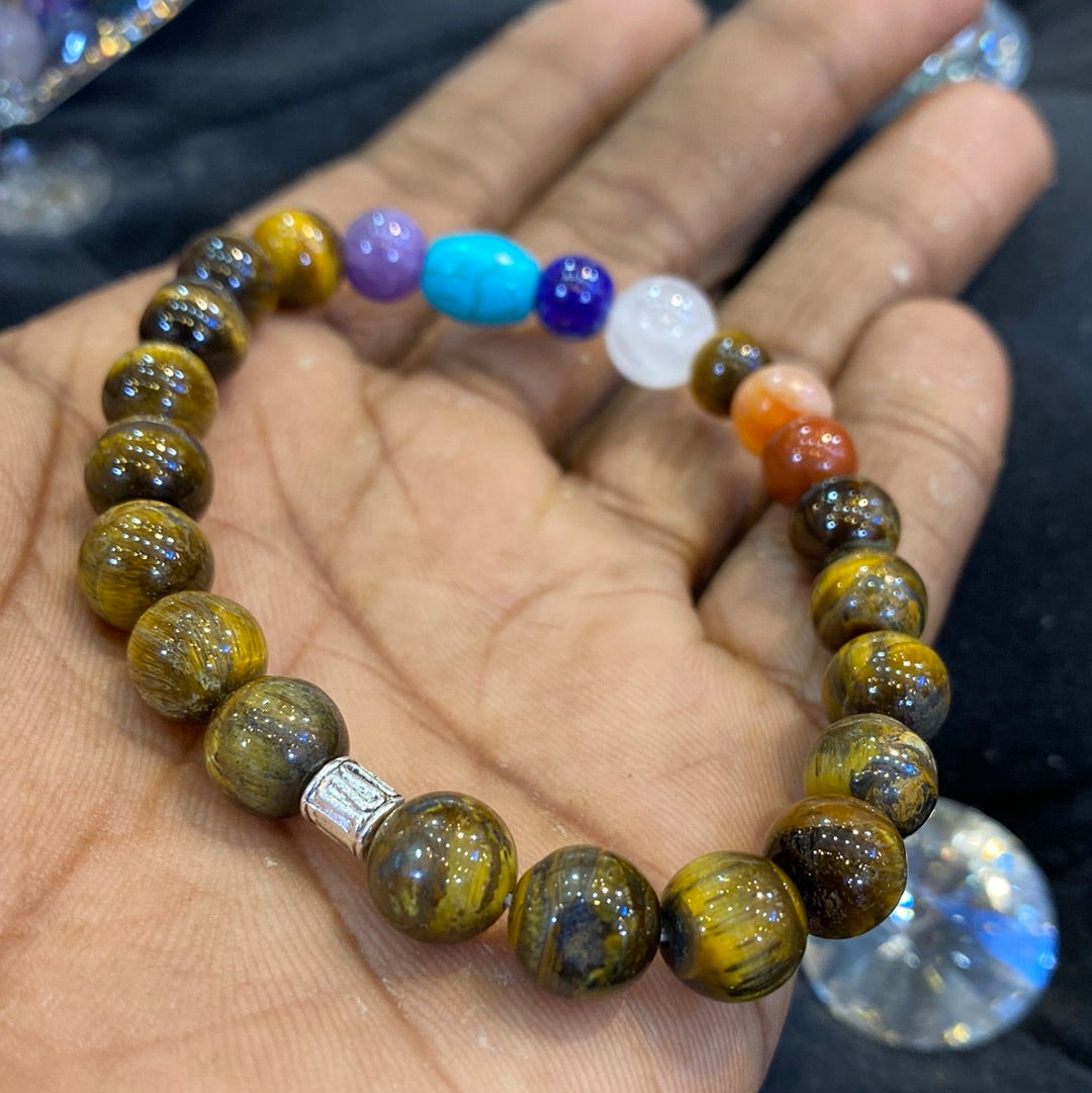 Tiger Eye With 7 Chakra Natural Stone Beads Unisex Bracelets