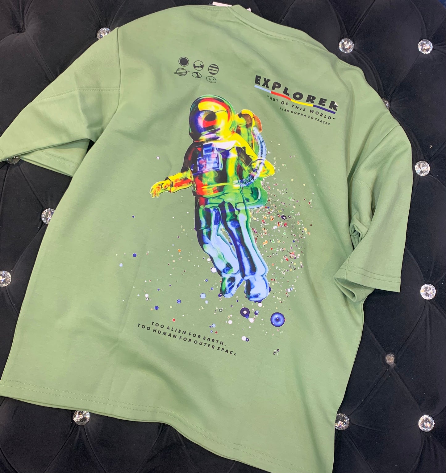NASA Green Colour With NASA Back Print Lycra Fabric Drop Shoulder TShirt 298144