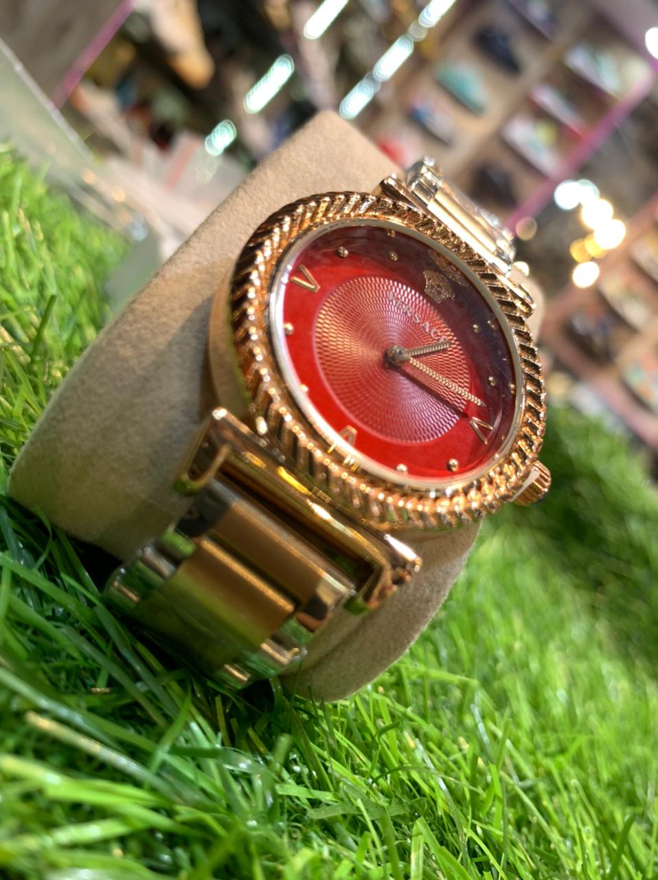 Silver Copper Chain Red Dial Ladies Watch
