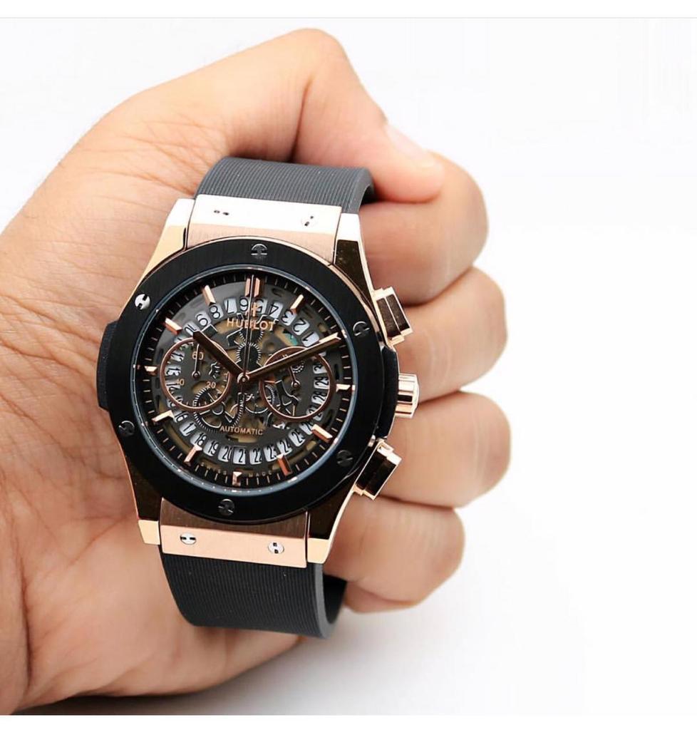 Buh Black Copper Dial Chrono Leather Silicone Strap Watch For Men